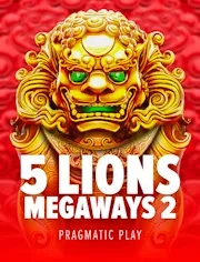 5 Lions Megaways 2 by Pragmatic Play: golden guardian lion statue with green eyes on a red background