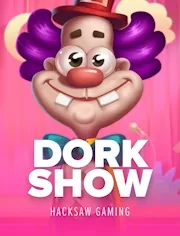 Dork Show by Hacksaw Gaming: cartoon clown with purple hair and a red top hat on a pink background