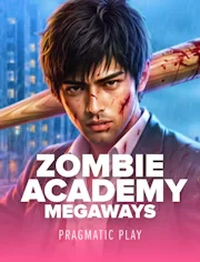Zombie Academy Megaways by Pragmatic Play: student in a suit holding a baseball bat in a rainy city